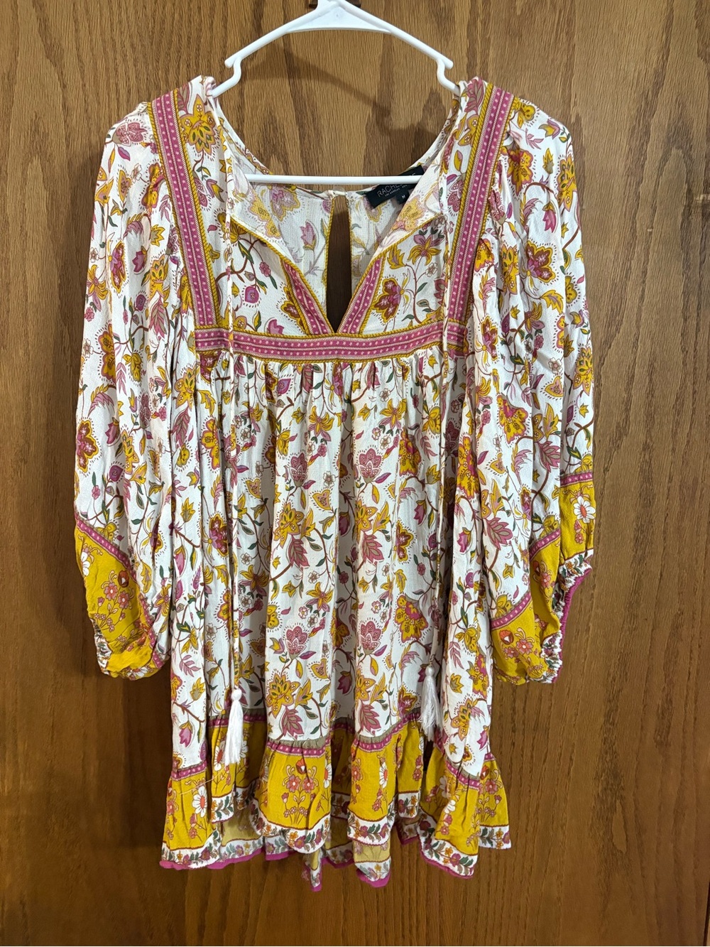 Rachel Zoe White Floral Peasant Tunic with Mustard & Pink Accents